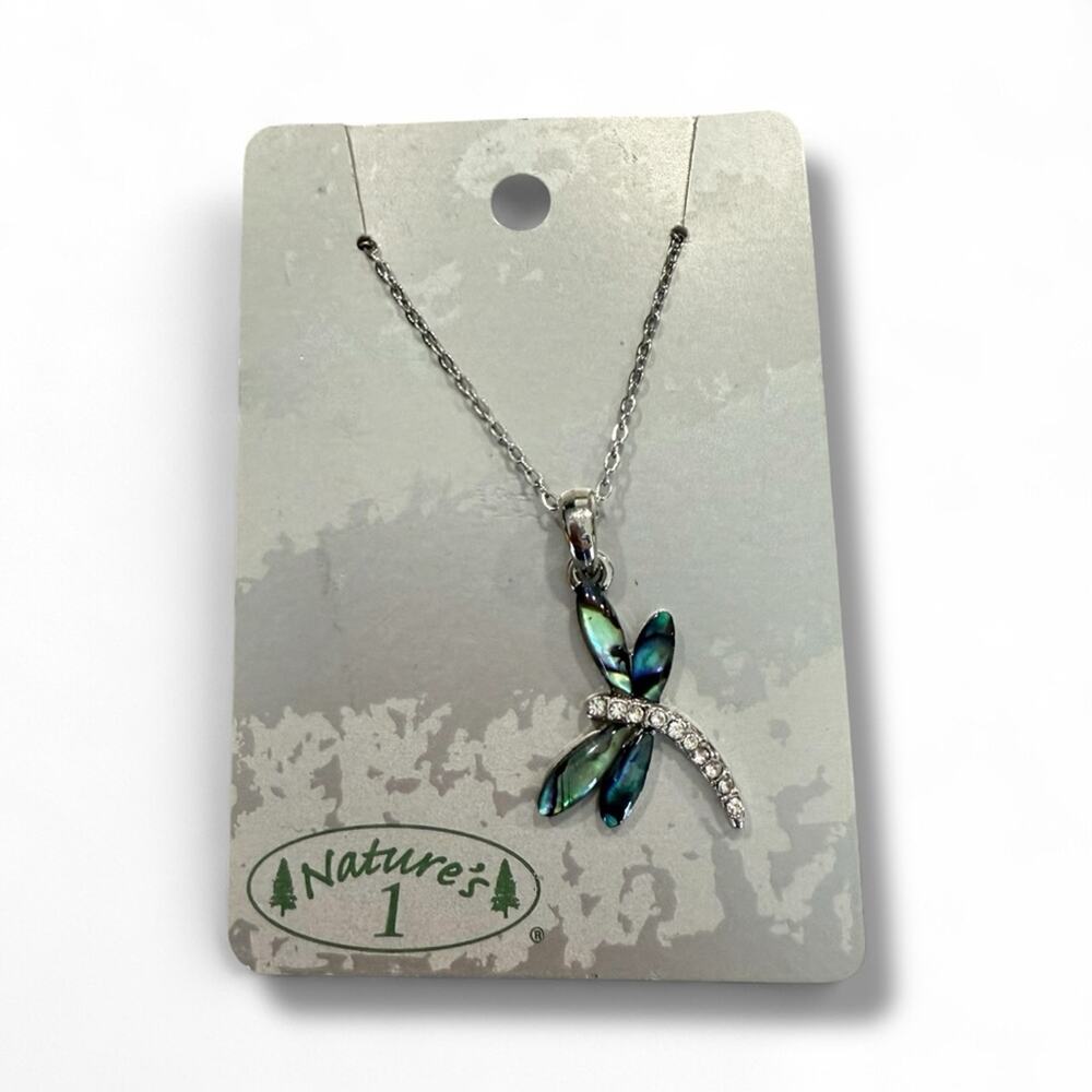 Natures 1 Dragonfly Pendant Necklace Abalone Shell & Rhinestones Silver Tone NWT